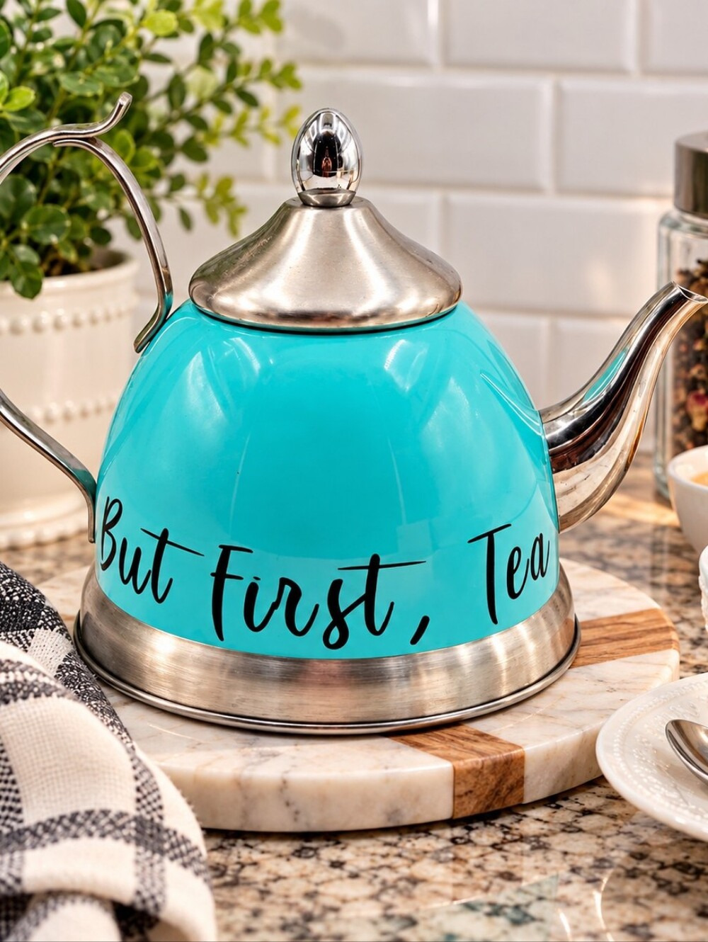 Creative Home Nobili-Tea Stainless Steel Tea Kettle with phrase But First, Tea